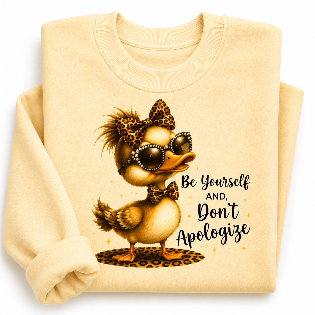 A folded cream-colored sweatshirt featuring a graphic of a cute cartoon duck wearing leopard-print sunglasses, a bow tie, and a matching headband, with the text 'Be Yourself AND, Don't Apologize' printed next to it.