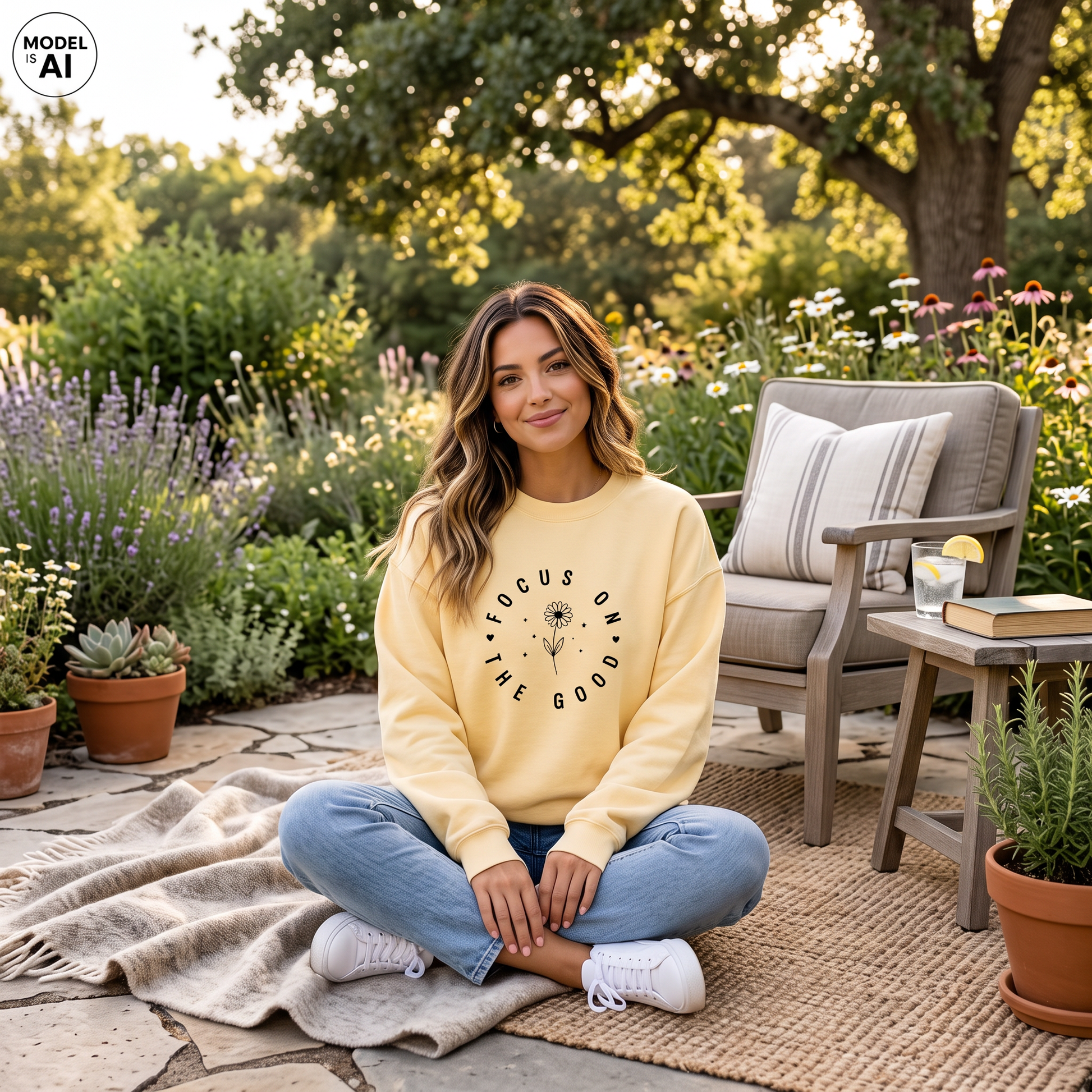 A woman sits cross-legged on a woven rug in a garden patio setting, wearing a pale yellow sweatshirt with a black circular graphic that reads 'FOCUS ON ONE GOOD THING.' She is also wearing blue jeans and white sneakers.