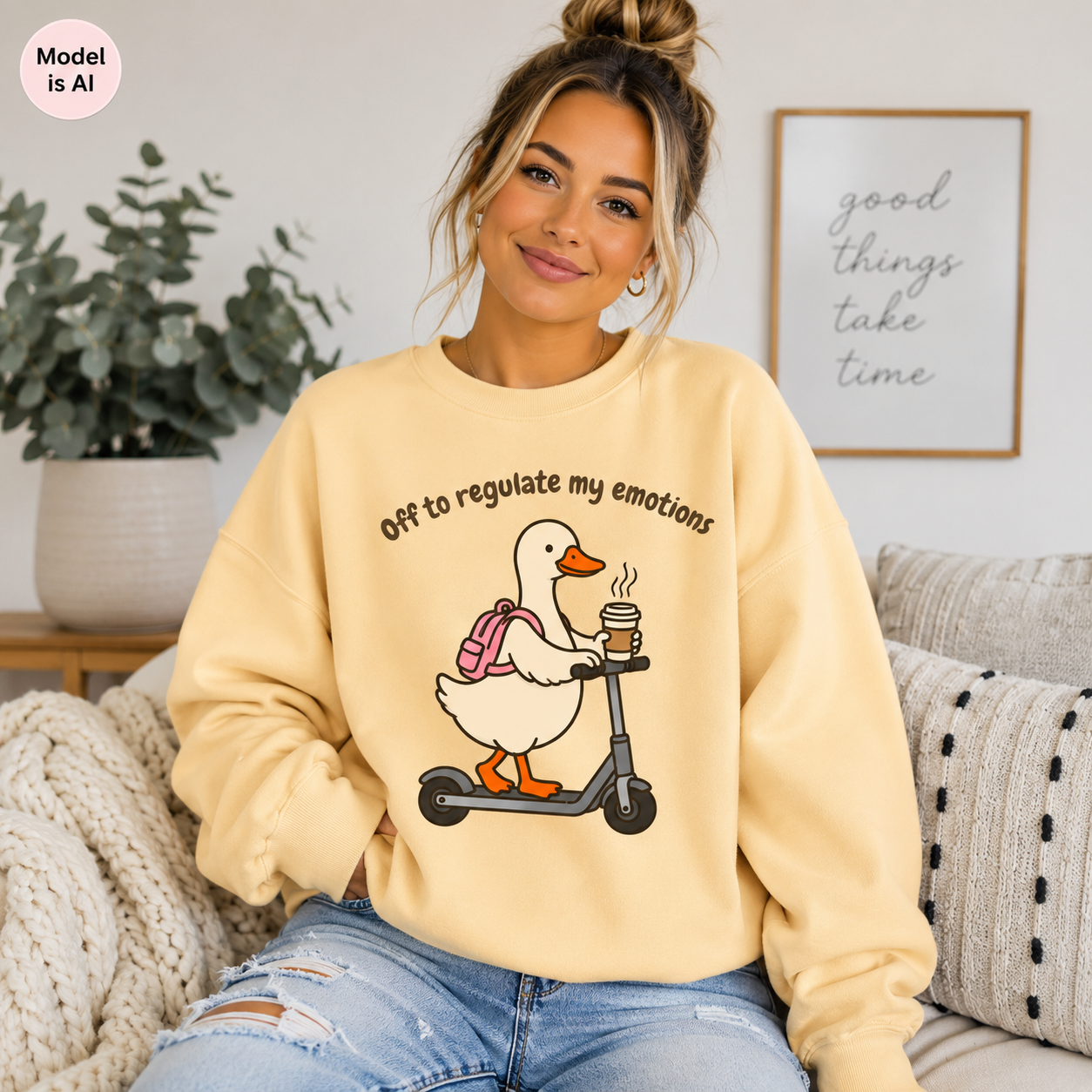 A woman wearing a pale yellow sweatshirt with a cartoon duck on a scooter graphic and the text 'Off to regulate my emotions', sitting on a couch in a living room setting.