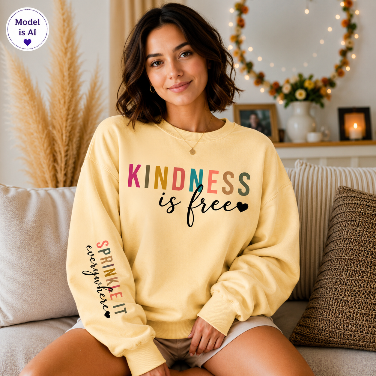A woman sits on a couch wearing a pale yellow sweatshirt with the words 'KINDNESS is free' printed across the chest and 'SPRINKLE IT everywhere' on the sleeve. The photo is taken in a cozy living room setting with warm lighting, decorative pampas grass, and framed decor in the background.