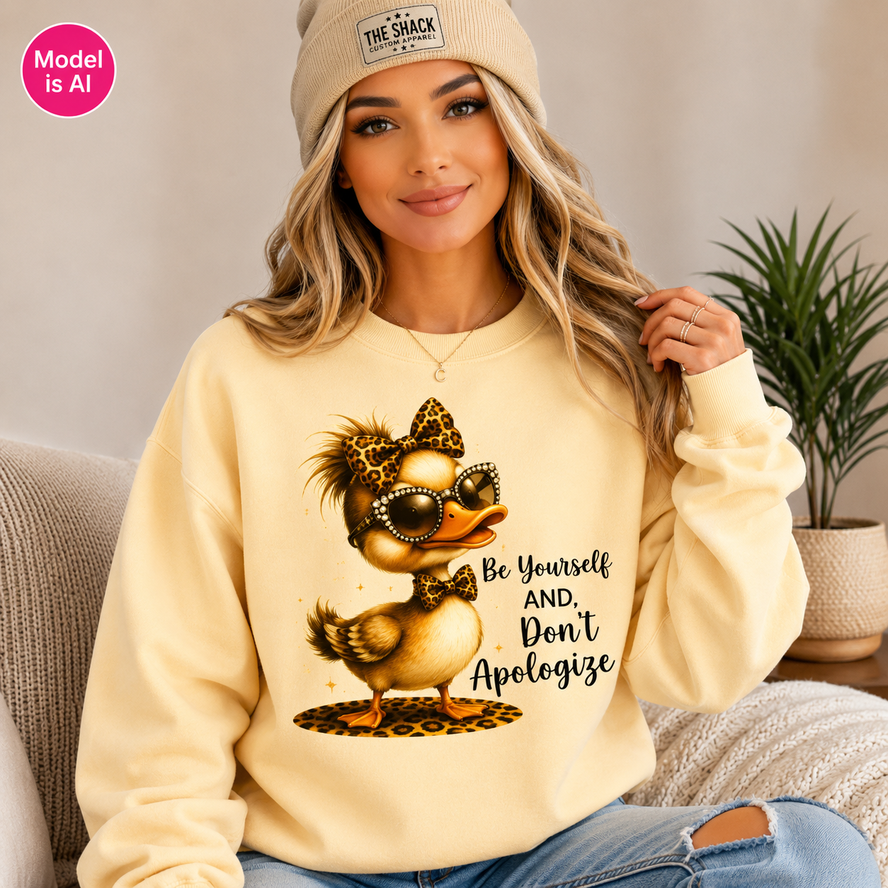 A woman wearing a beige beanie and a cream sweatshirt with a graphic of a duck wearing sunglasses and a bow tie, with the text 'Be Yourself AND, Don't Apologize'.