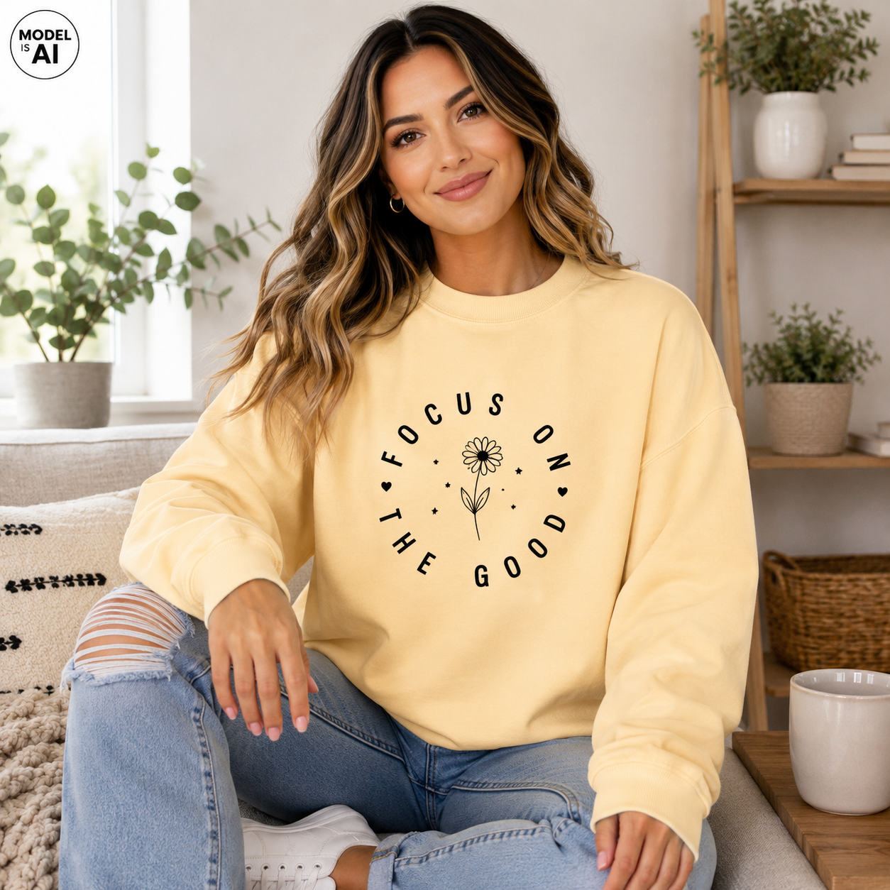 A woman sitting indoors wearing a pale yellow sweatshirt with a black circular floral graphic and the words 'FOCUS ON THE GOOD'. She is also wearing light blue jeans and white sneakers in a cozy living room setting.