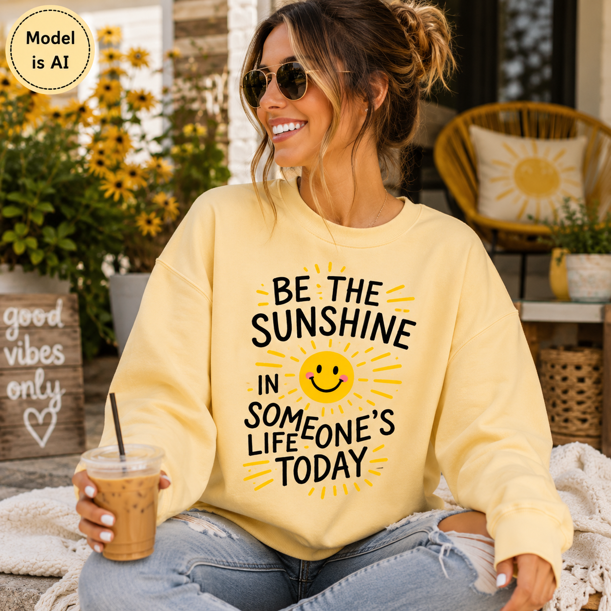 A woman wearing a pale yellow sweatshirt with a graphic that reads 'BE THE SUNSHINE IN SOMEONE'S LIFE TODAY' around a smiling sun face. She is sitting outdoors in a cozy setting, holding an iced coffee.